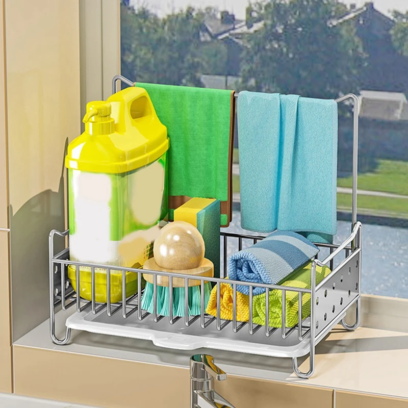 LUDA Kitchen Sink Caddy Organizer, Sponge Holder For Sink Stainless Steel Soap Brush Dishcloth Holder With Drain Pan