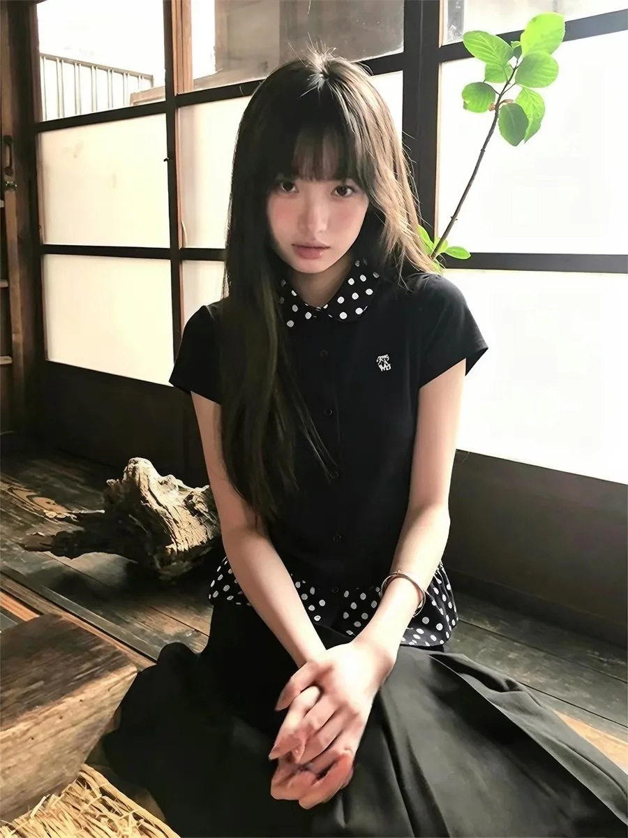 Korean Style Polka Dot Splice Doll Collar Slim Fit Short Sleeve T-Shirt Women's Summer Design Waist Cinching Shoulder Level Top