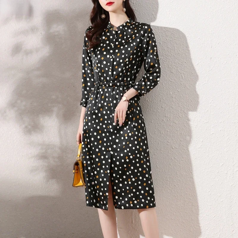 Mulberry Silk Summer Dress Women 2024 New Fashion Polka Dot Print Slimming Women Casual Dresses Vestido Verano Mujer Lq34