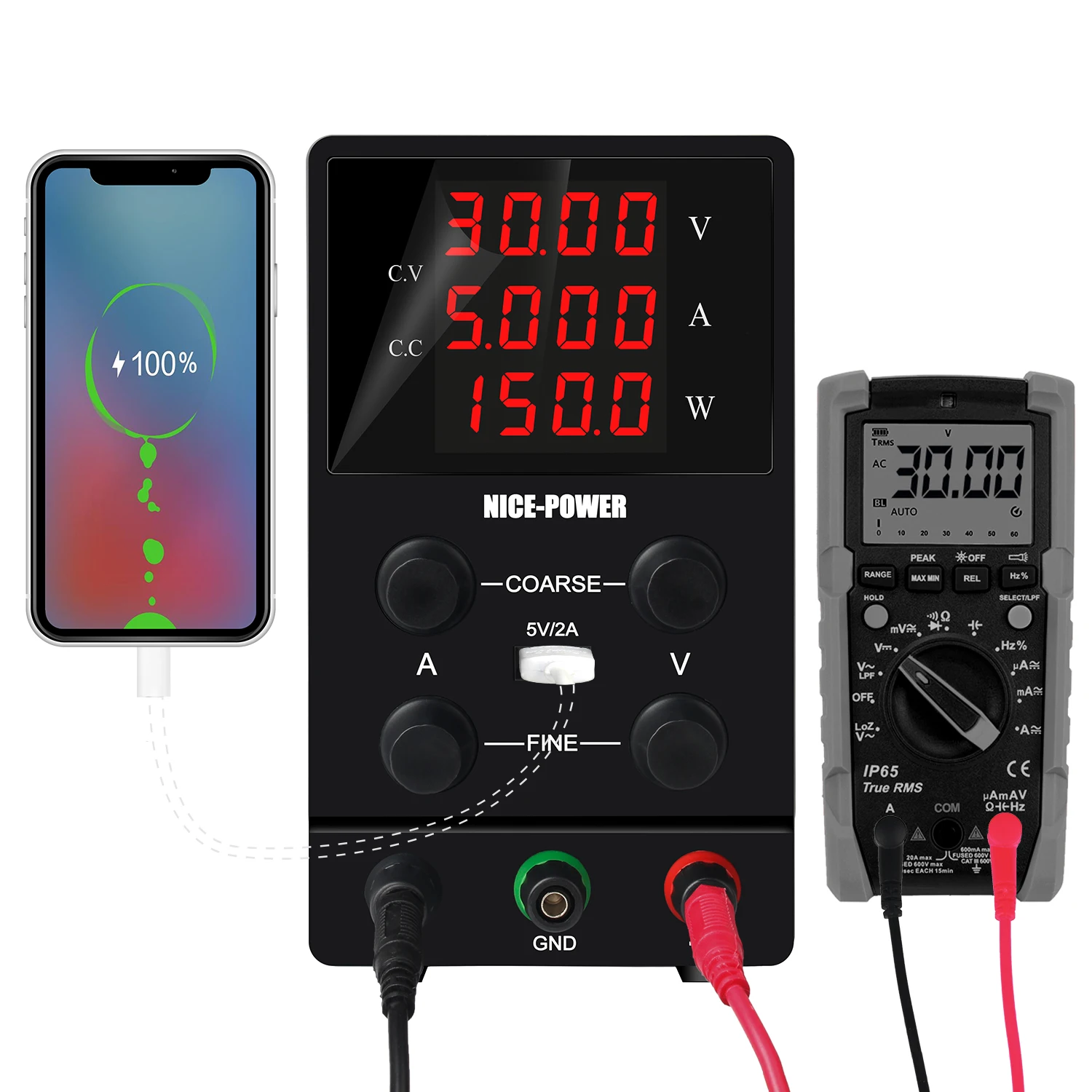 Fuente de alimentación de 30V 5A DC, pantalla de cuatro dígitos, 4 perillas para afinar la salida USB 5V2A, potencia Industrial estable