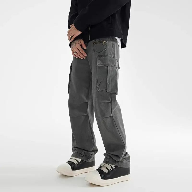 

Сплошной цвет, мужская одежда на молнии на пуговицах, весенне-осенние брюки-карго, широкие эластичные карманы, повседневные винтажные брюки с высокой талией