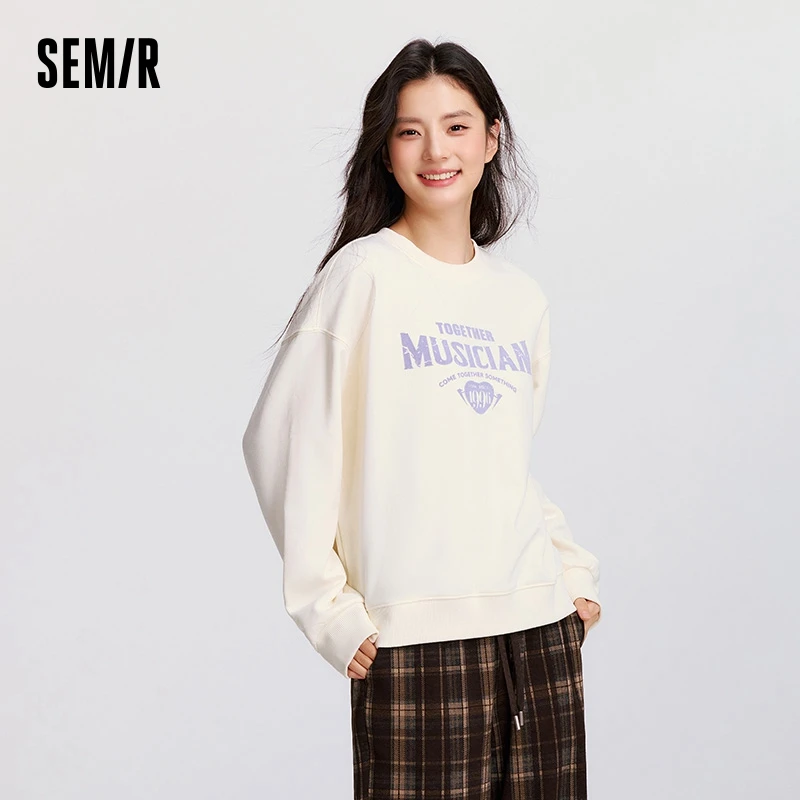 Semir Sweatshirt Women Letter Dropped Shoulder Round Neck Top Loose Trendy Personality Winter White Polar Fleece Retro Pullover