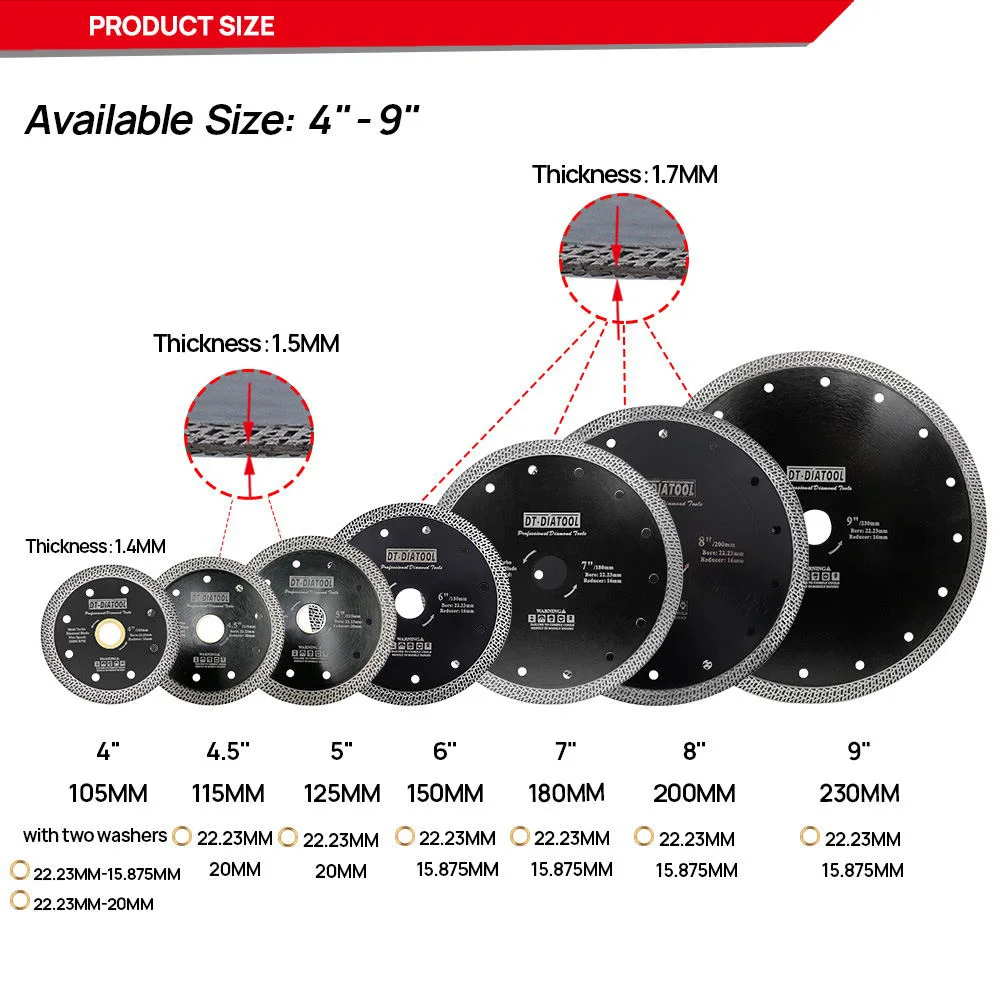 DT-DIATOOL 1pc 4-9inch Saw Hot-pressed Sintered Diamond Cutting Disc Mesh Turbo Diamond Saw Blade Granite Marble Tile Ceramic