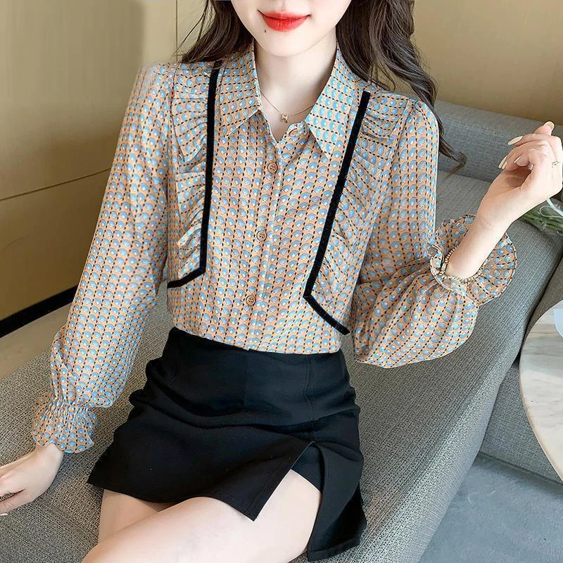 Women\'s Korean Fashion Print Ruffles Button Up Shirt Office Lady Elegant Chic Lapel Blouse Loose Long Sleeve Tops Casual Blusas