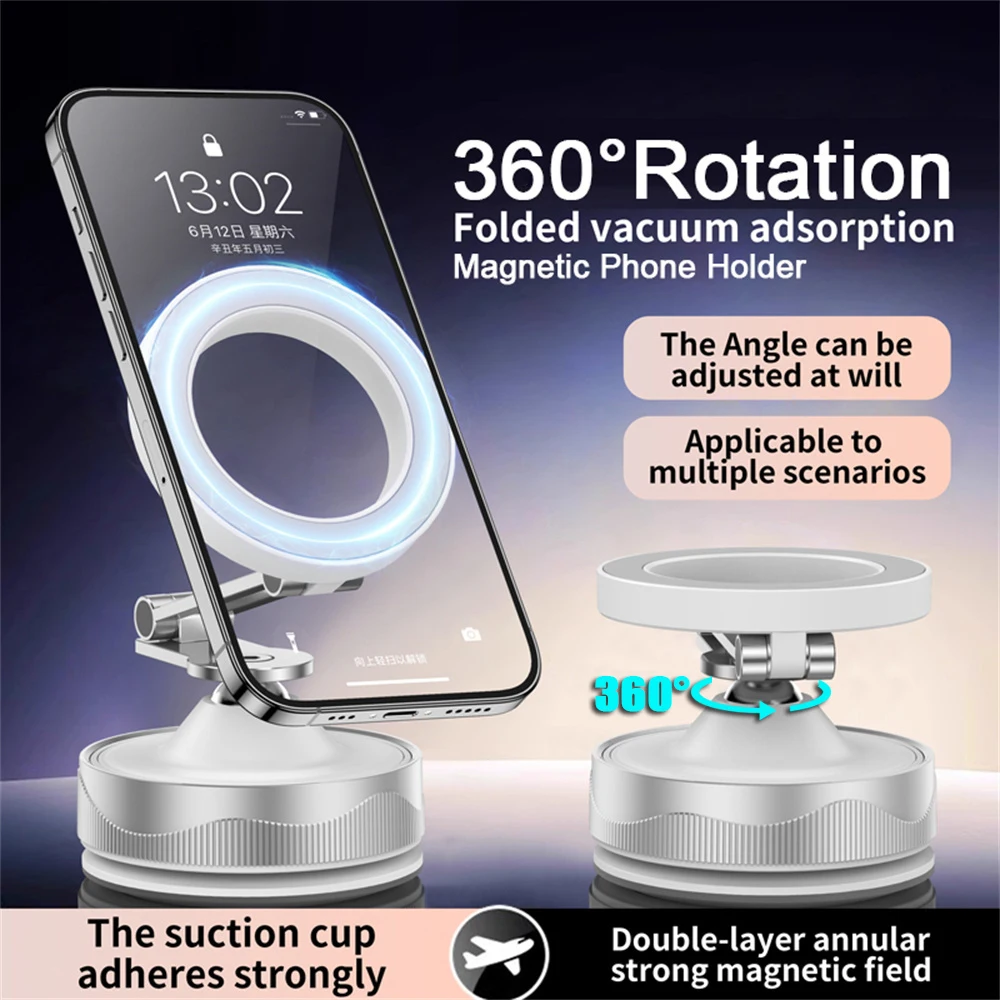 

Alloy Magnetic Car Phone Holder 360 Degree Rotation Vacuum Suction Phone Bracket Triple Foldable Dashboard GPS Navigation Mount