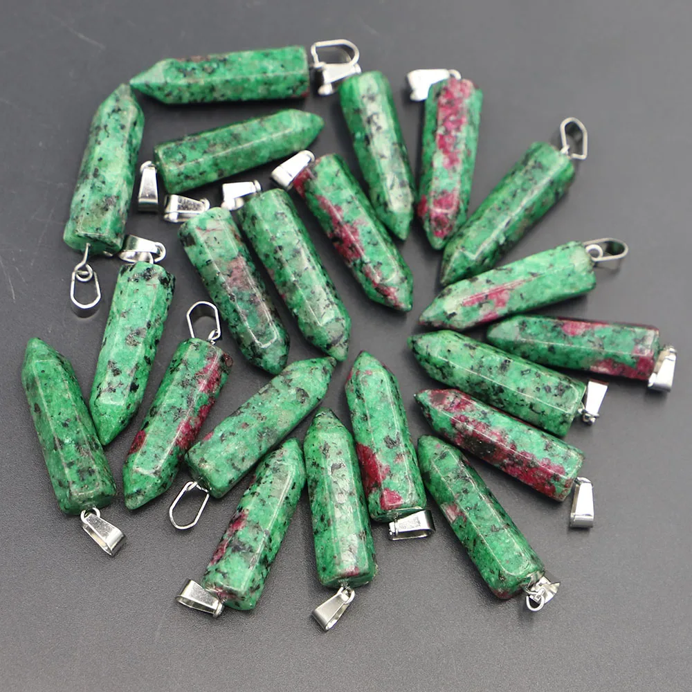 Fashion Hot Sale Natural Stone Epidote Hexagonal Pillar Necklace Pendants Charms Jewelry Accessory Wholesale 24Pcs Free Shipping