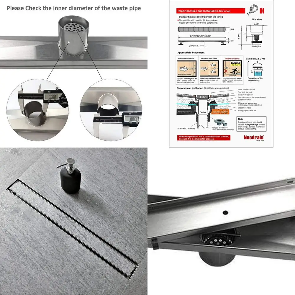 

24 Brushed Stainless Steel Linear Shower Drain with Tile Insert and Hair Catcher