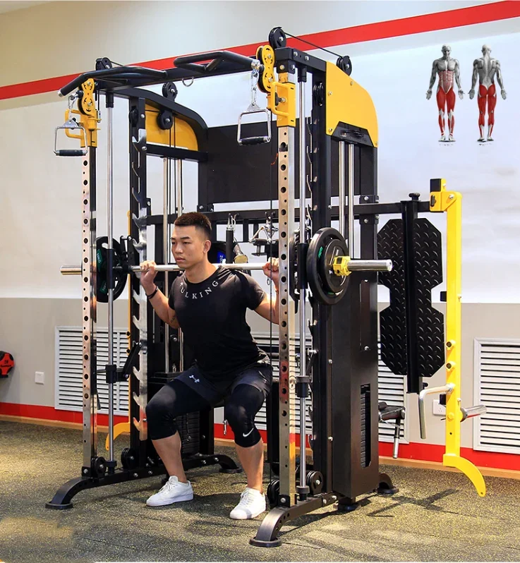 Máquina Smith de equipo multifunción para gimnasio comercial, venta directa de fábrica, con banco ajustable