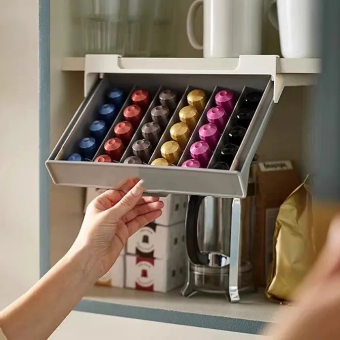 Support pour capsules de café, boîte de rangement pour sachets de café et de thé, tiroir organisateur, sans perçage, boîte de rangement gain de place