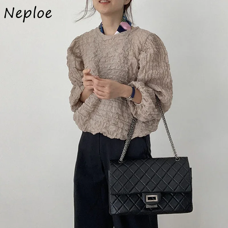 Neploe Round Neck Loose Blusas Korea Chic Autumn Simple Ladies Shirt Fold Design Bubble Cotton Long Sleeve Womens Blouses Top