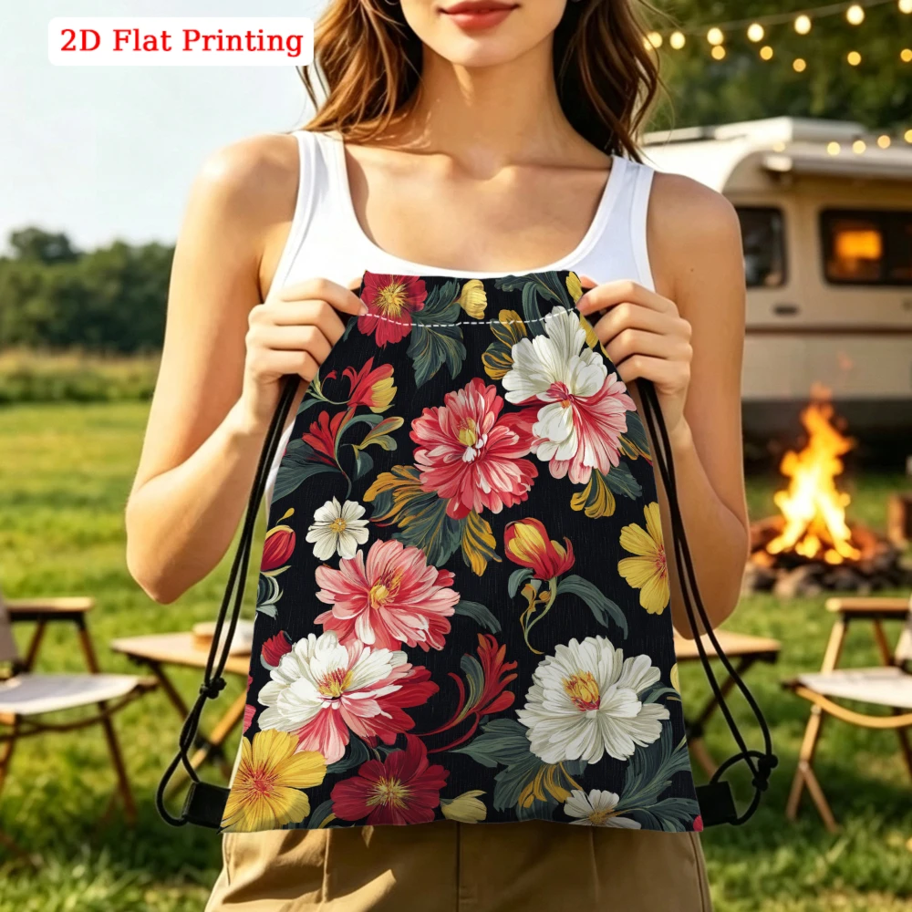 Vintage Floral, Drawstring Backpack, 2D Flat Printing Colorful Flowers, Gym Sports Bag, Outdoor Travel Cinch Sack