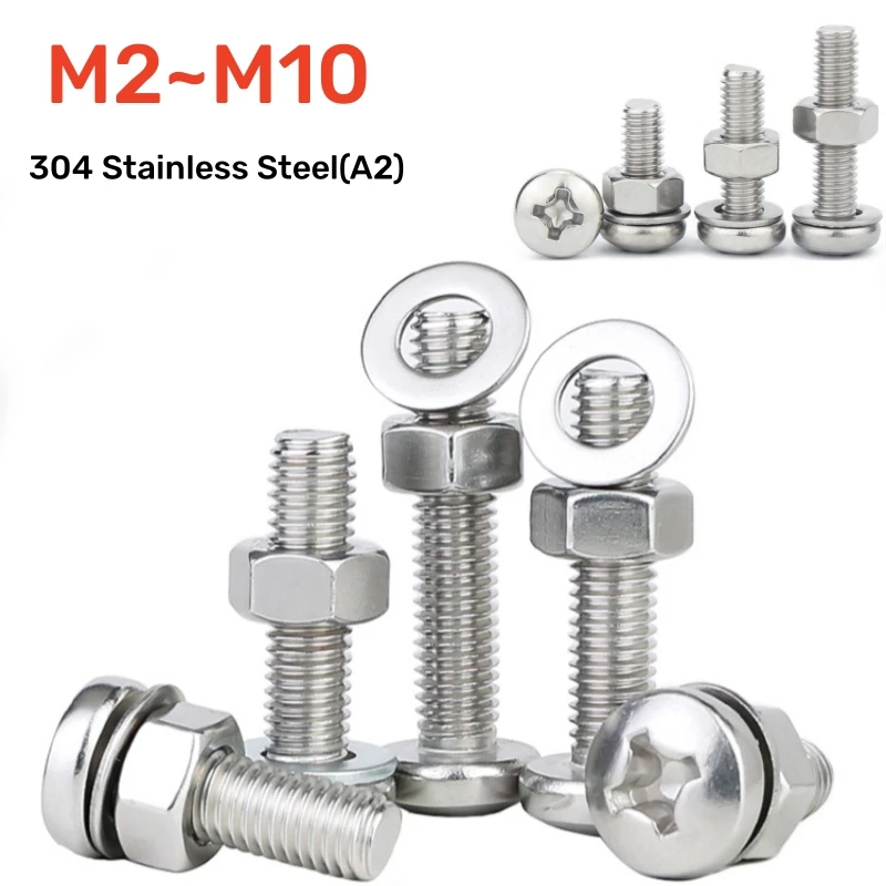 1~50pcs M2 M2.5 M3 M4 M5 M6 M8 M10 304 Stainless Steel Round Head Phillips Screw Cross Bolt Nut Washer Three-Piece Combination
