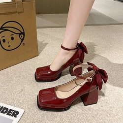 Women Pumps Platform High Heels Wedding Shoes Patent Leather Red Mary Jane Shoes Bow Buckle Strap Square Toe Chunky Heeled Shoe
