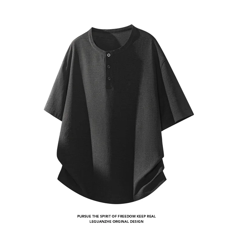 Mens Summer Loose Fit Short Sleeve Henley Tee Button Placket Stand Collar Linen Texture For Travel Shopping Leisure Outfits