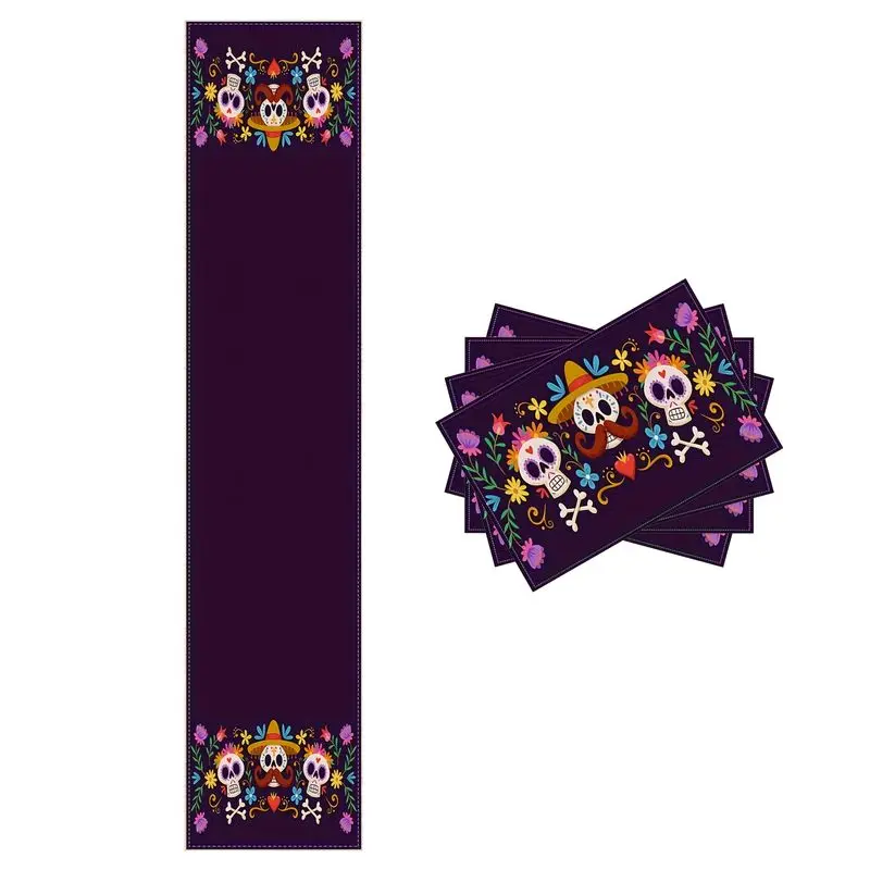 VIKAMA Day of the Dead Sugar Skull Table Flag Purple Flower Fabric Halloween Table Decoration Festival Party Home Desktop Decor view 2