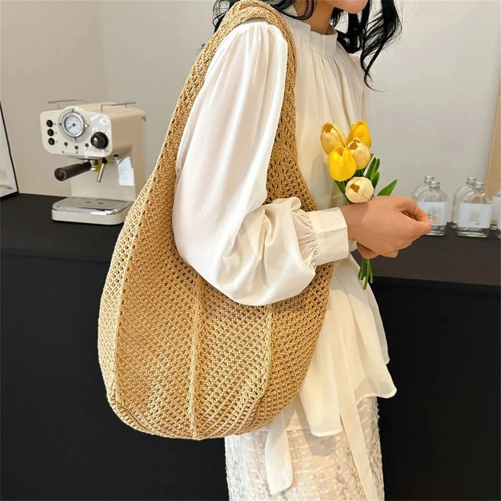 

Women Crochet Tote Candy Bag Fashion Knitted Large Capacity Woven Shoulder Bags Solid Color Simple Shopping Bag for Summer Beach