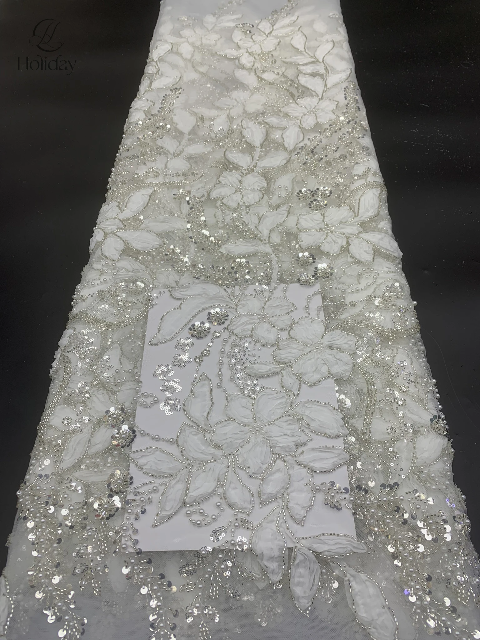Luxury 3D Flower Embroidery Lace Fabric, Ribbon Floral Sequins Beaded Tulle Net for Evening Gown Wedding Dress sewing supplies