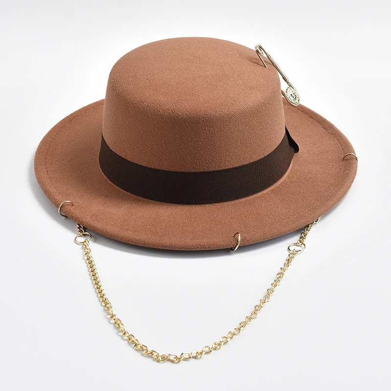 Sombrero Fedora de moda para hombre y mujer, sombrero de Jazz con cadena de Metal, decoración de fiesta, iglesia, novedad