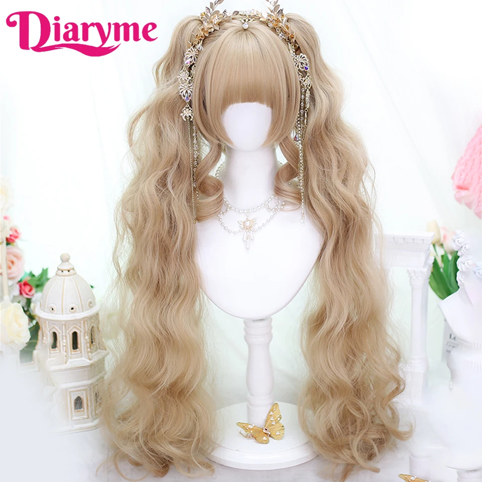 Women Wigs Synthetic Lolita Long Curly Clip on Ponytails Cosplay Wig Blonde Pink Wigs Female Long Wavy Curly Ponytail Hair Wig