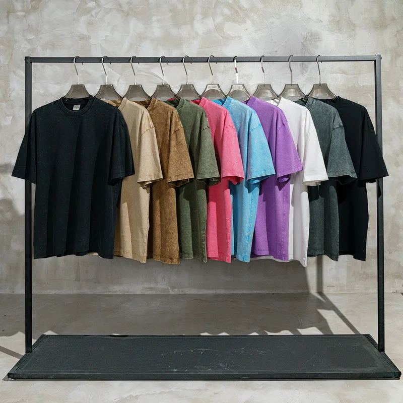 

250g Men's 100% Cotton Oversized Retro T-shirts Heavyweight Snowflake Vintage Distressed Street Tee Loose Fit Batik Washed Tops