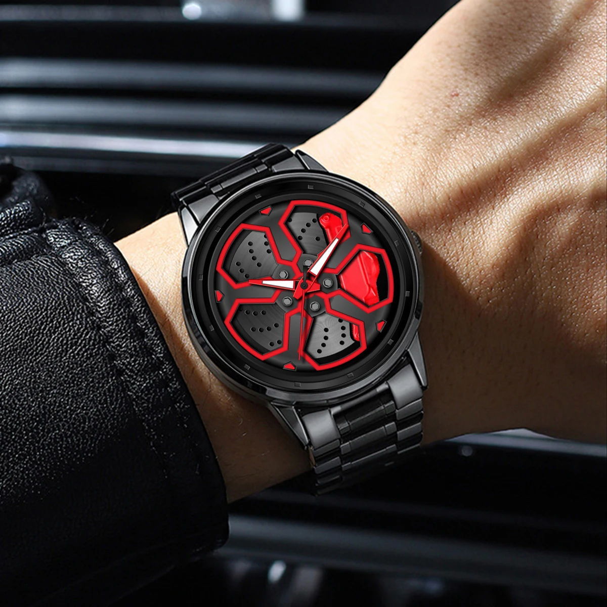 Original Wheel Rotating Men Watches Black Fashion Stainless Steel Strap Sports Man Clock 3Bar Quartz Movement Top Watch for Men image 4