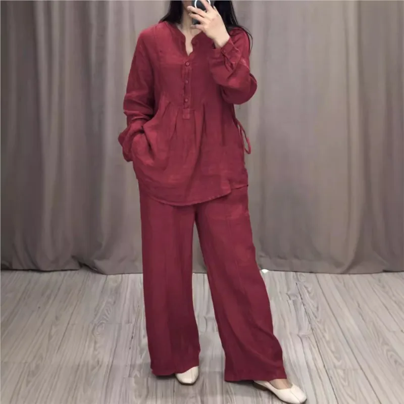 Autumn New Women's Suit, Fashionable And Comfortable Long-sleeved Half- Placket Casual Pleated Wide-leg Pants Two-piece Set