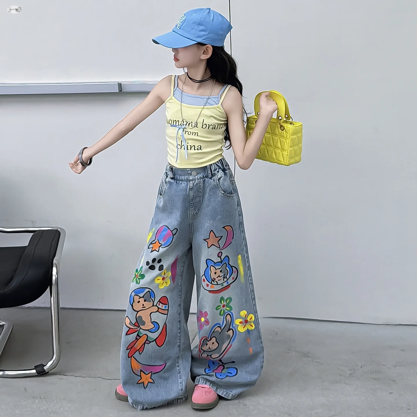 Girl Cartoon Print Wide-Leg Jeans Y2K Baggy High-Waist Straight-Cut Loose-Fitting American Casual Vintage Pants for Ladies