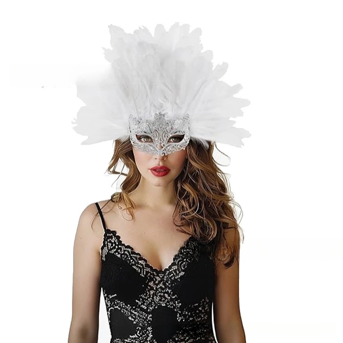 قناع ريش نصف وجه على الطراز القوطي للهالوين للسيدات، قناع كرة كرنفال البندقية