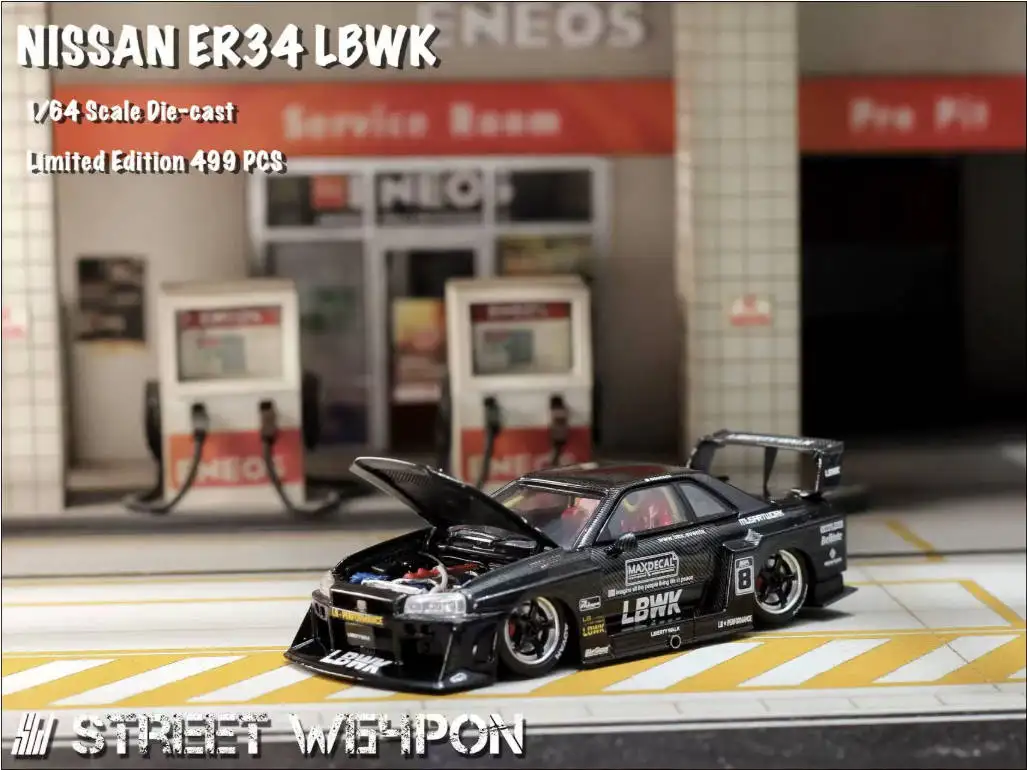 

SW 1:64 Nissan Skyline GT-R (R34) LBWK Liberty Walk Carbon Black Diecast Car Model with Opening Hood In Stock Ready To Ship