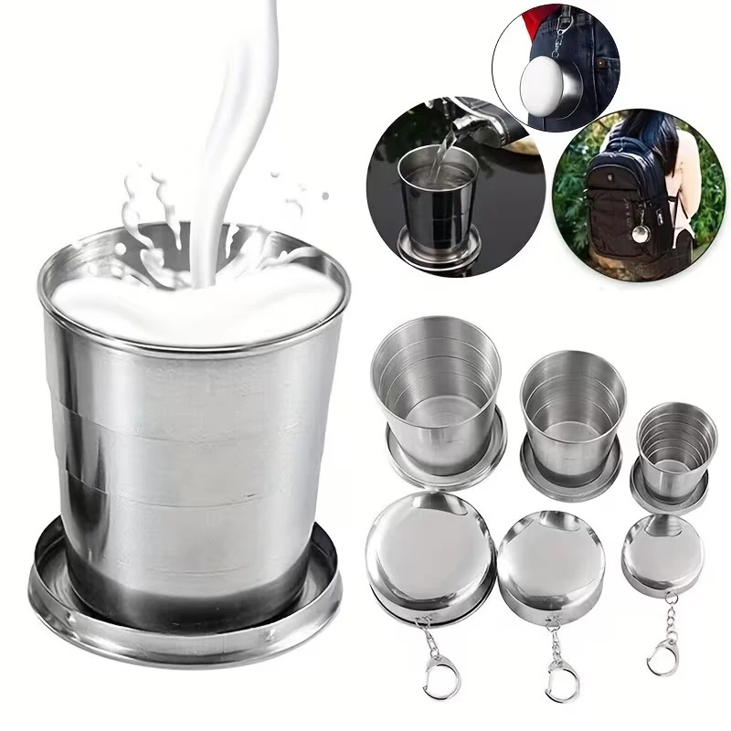 75/140/250ml Stainless Steel Folding Water Cup With Keychain Lid Outdoor Travel Camping Portable Collapsible Retractable Teacup】