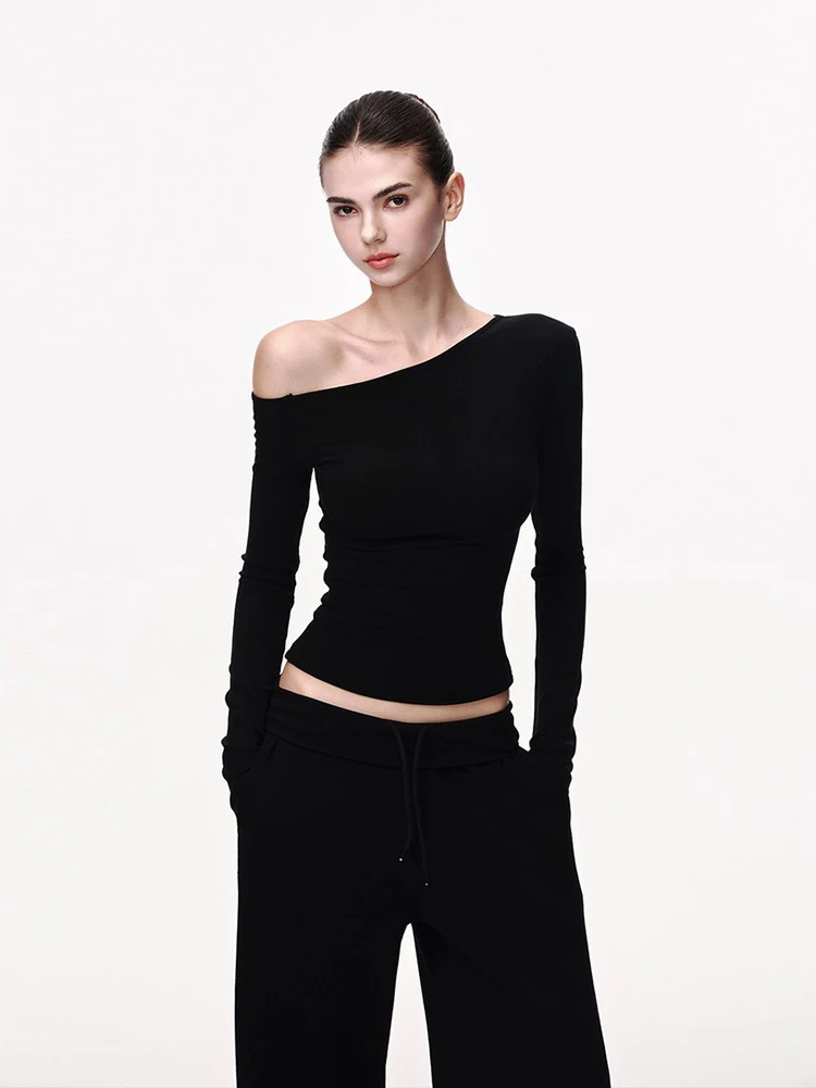 Women's slanted shoulder one line off shoulder long sleeved top ribbed knit slim basic T-shirt elastic rolled edge shirt