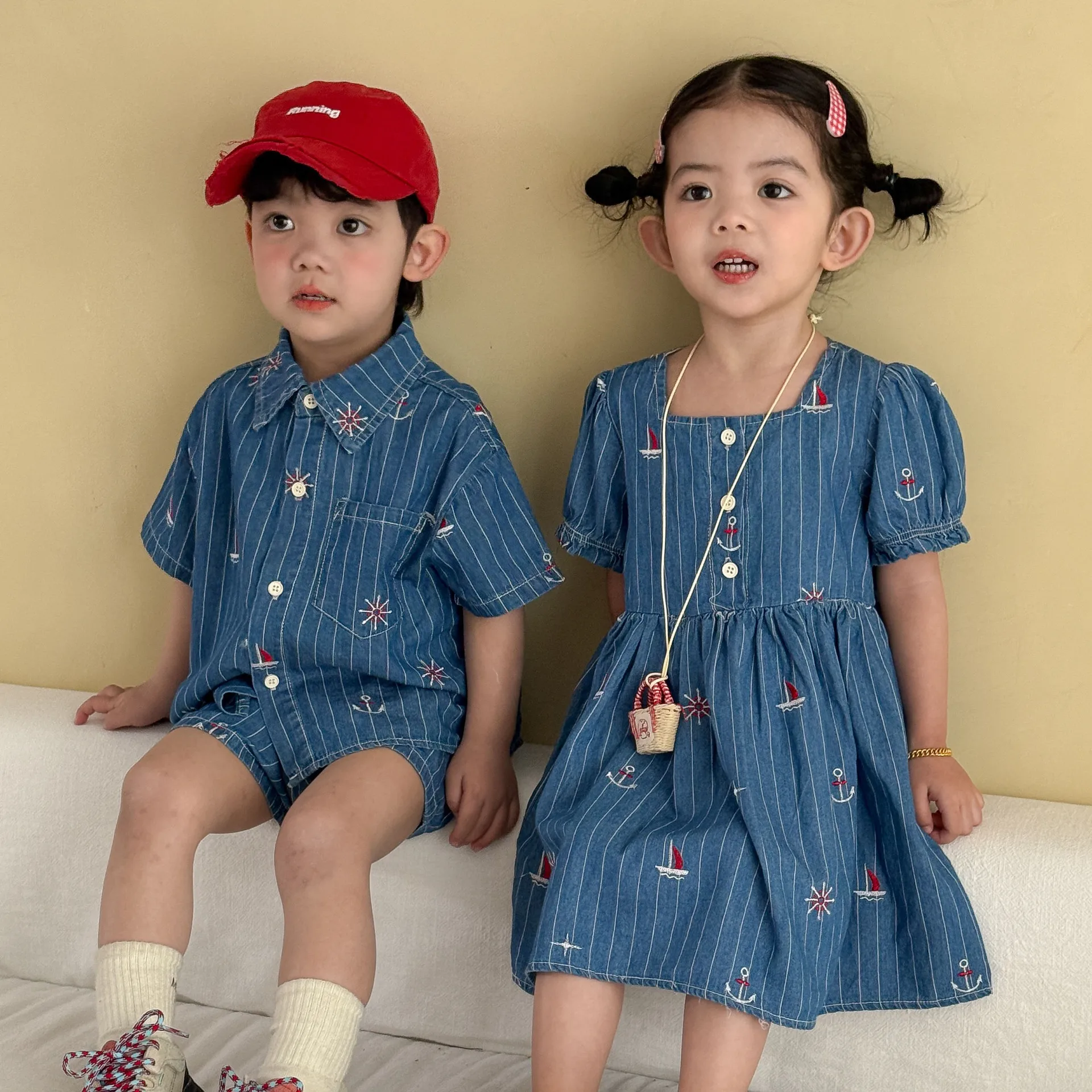 Set 2026 Spring Summer New Children's Wear Korean Style Boys and Girls Embroidered Denim Shirt Shorts Dress Brother and Sister