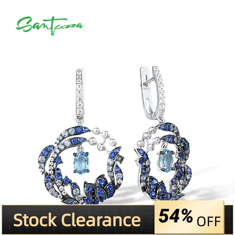 

SANTUZZA 925 Sterling Silver Drop Earrings For Women Sparkling Blue Gems White CZ Round Flower Earrings Delicate Fine Jewelry