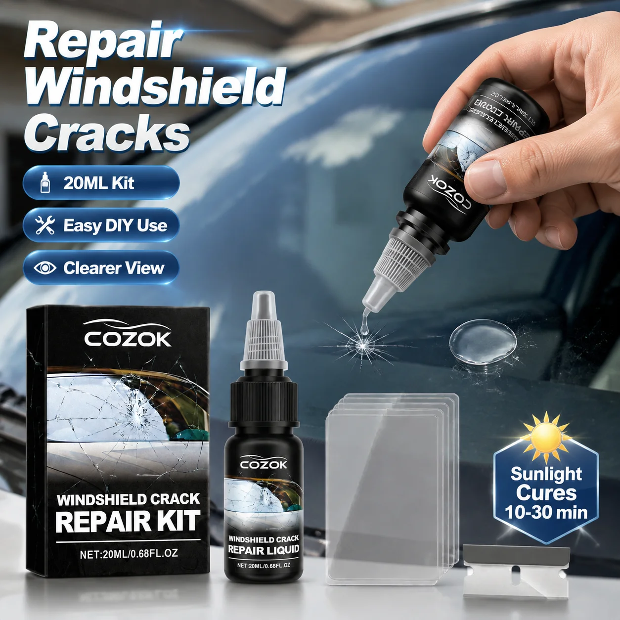 Windshield Crack Repair Kit, Automotive Nano Repair Solution, Restores Clarity and Strength, Quick DIY, UV Curing, Waterproof and Moisture Proof, Long Lasting, Improves Visibility, No Professional Skills Needed, Clear Vision