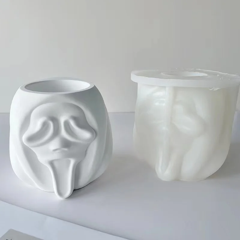 Concrete Festival Ghost Face Flower Pot Silicone Mold  candle vessel mold Cement Plaster Epoxy Succulent Storage Decorative