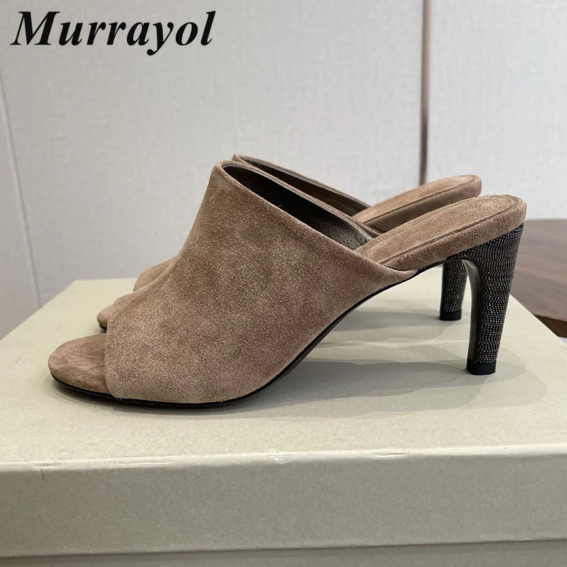 

Женские туфли-мюли на высоком каблуке 2026 года, ретро, однотонные, из замши, с бисерным декором, с открытым носком, летние, универсальные, на каждый день
