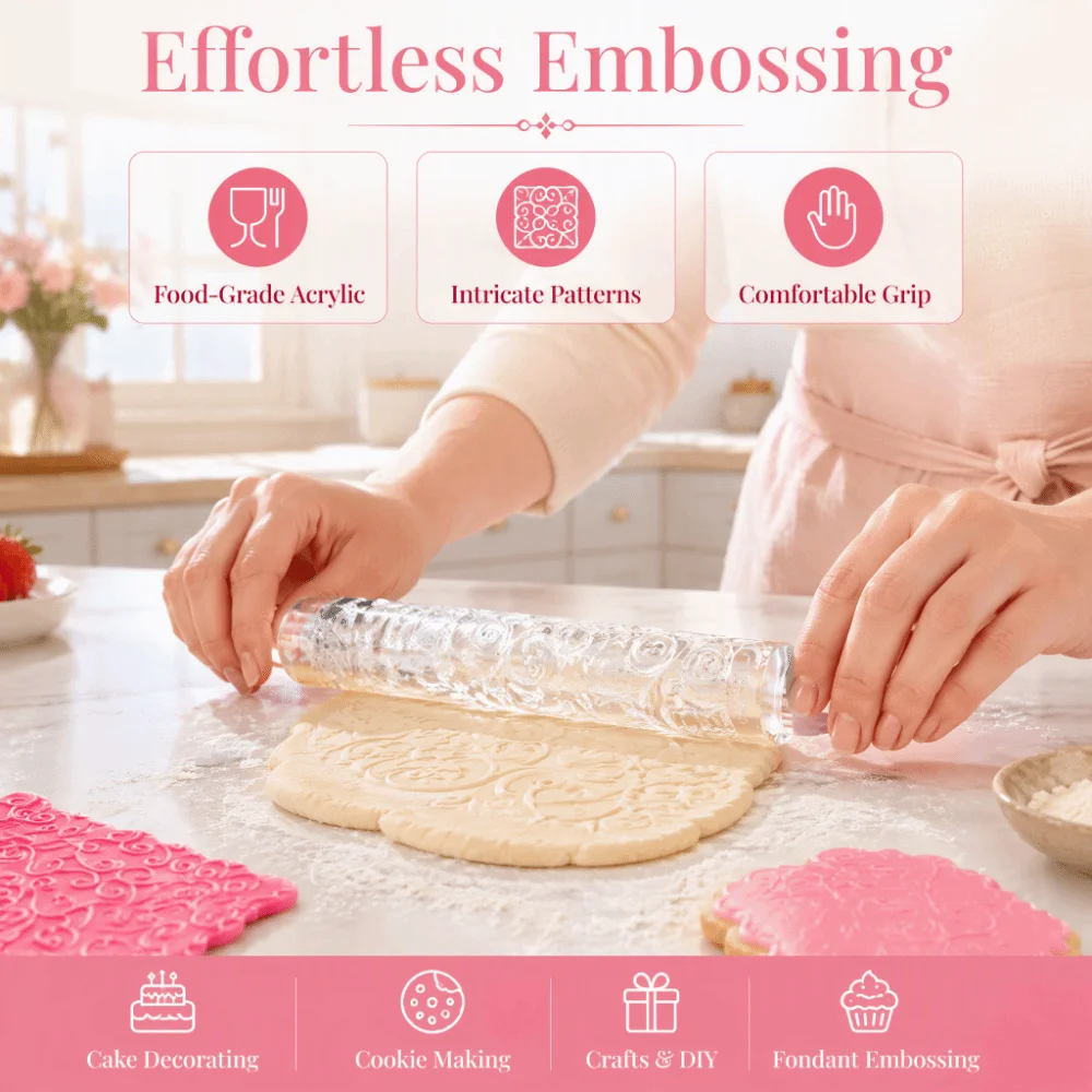 Floral Vine Embossed Acrylic Rolling Pin Acrylic Light Weight Compact Size Pastry Rolling Pin Comfortable Handle