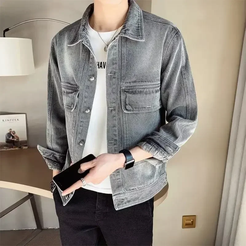 Jaqueta jeans masculina vintage casual fino curto coreano roupas populares masculino jean casacos de alta qualidade de tecido elástico lxury roupas