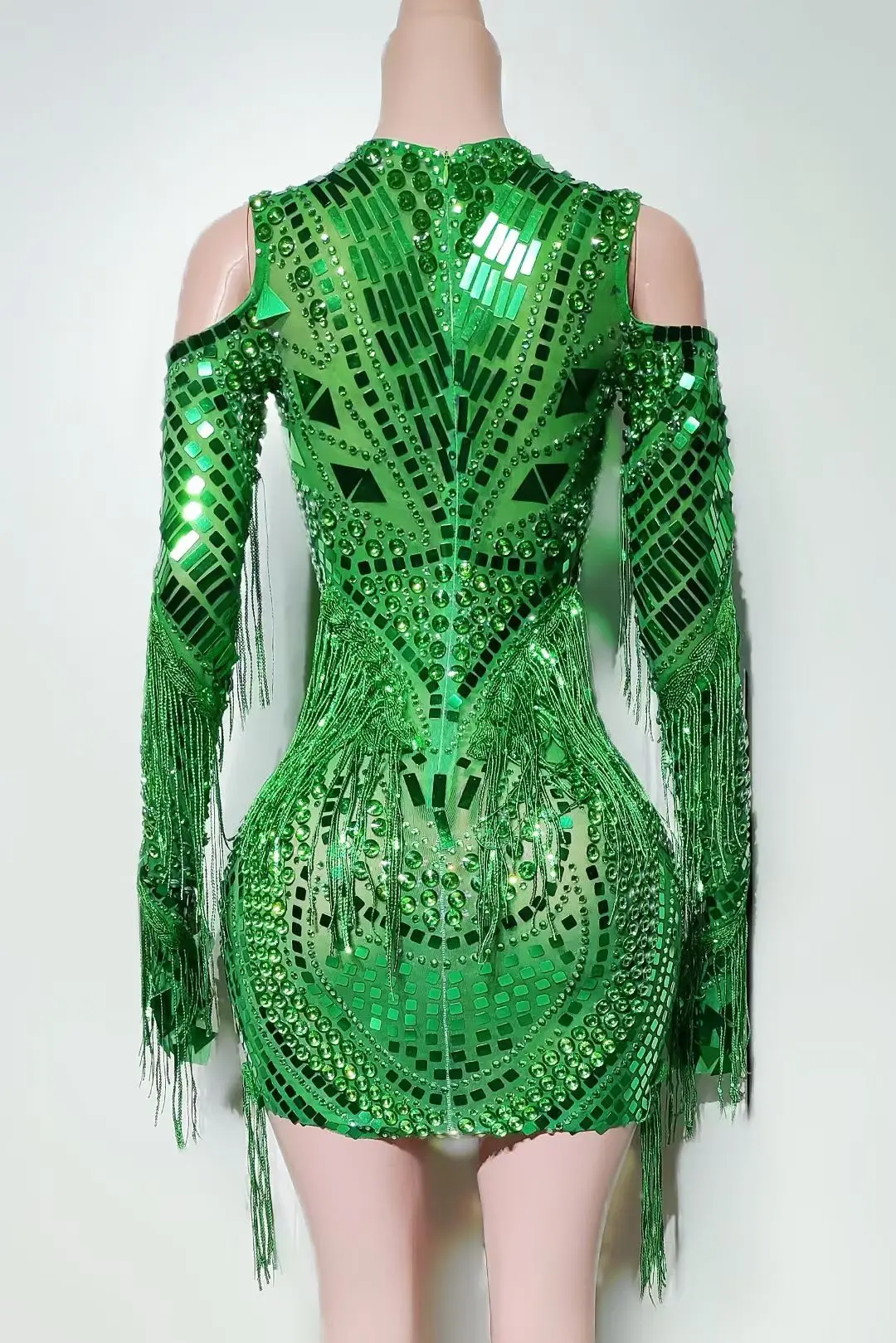 Sexy Women Full Rhinestone Sequins Tassel See Through Mesh Mini Dress Streamer Theme Party Photo Shoot Wear gig  Outfit Youzi