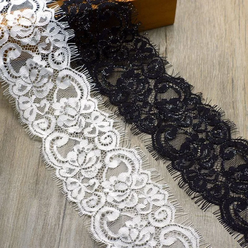 30M, Exquisite Non Elastic Silver Wire Embroidery Eyelashes Lace Fabric DIY Weeding Clothing Materials,8cm Wide,