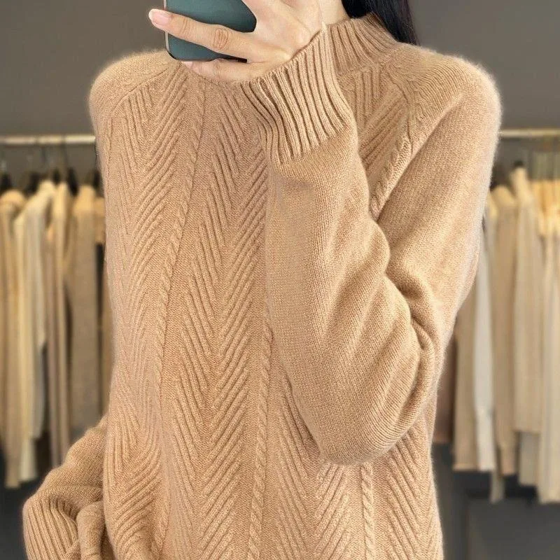 

Autumn Winter Half Turtleneck Jacquard Sweater Knitted Bottoming Shirt Versatile Fashion Loose Casual Knitted Long-sleeved Top