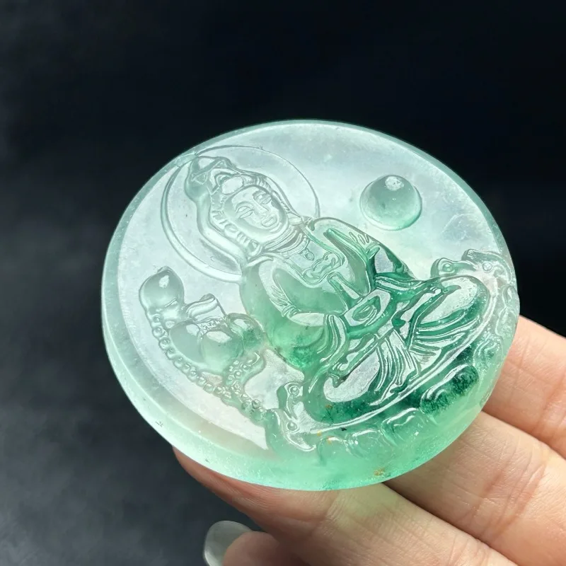 

Natural Ice Transparent Quartzite Jade Lotus Guanyin Round Plaque Pendant