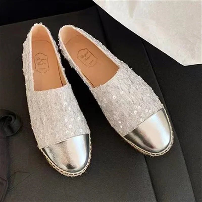 

Sequins Shoes for Womens Round Toe Flat Heels Straw Mixed Colors Female Loafer Sewing Lines Chassure Femme Shallow Zapatos Mujer