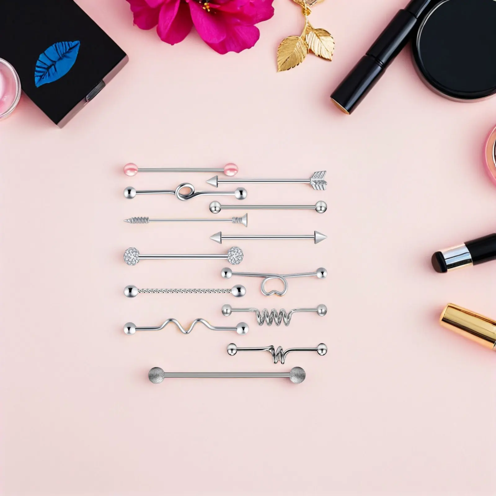 13Pcs Metal Puncture Ring Rhinestone Stainless Steel Barbell Buckle Long-Lasting Body Piercing Jewelry for Woman Man Performance