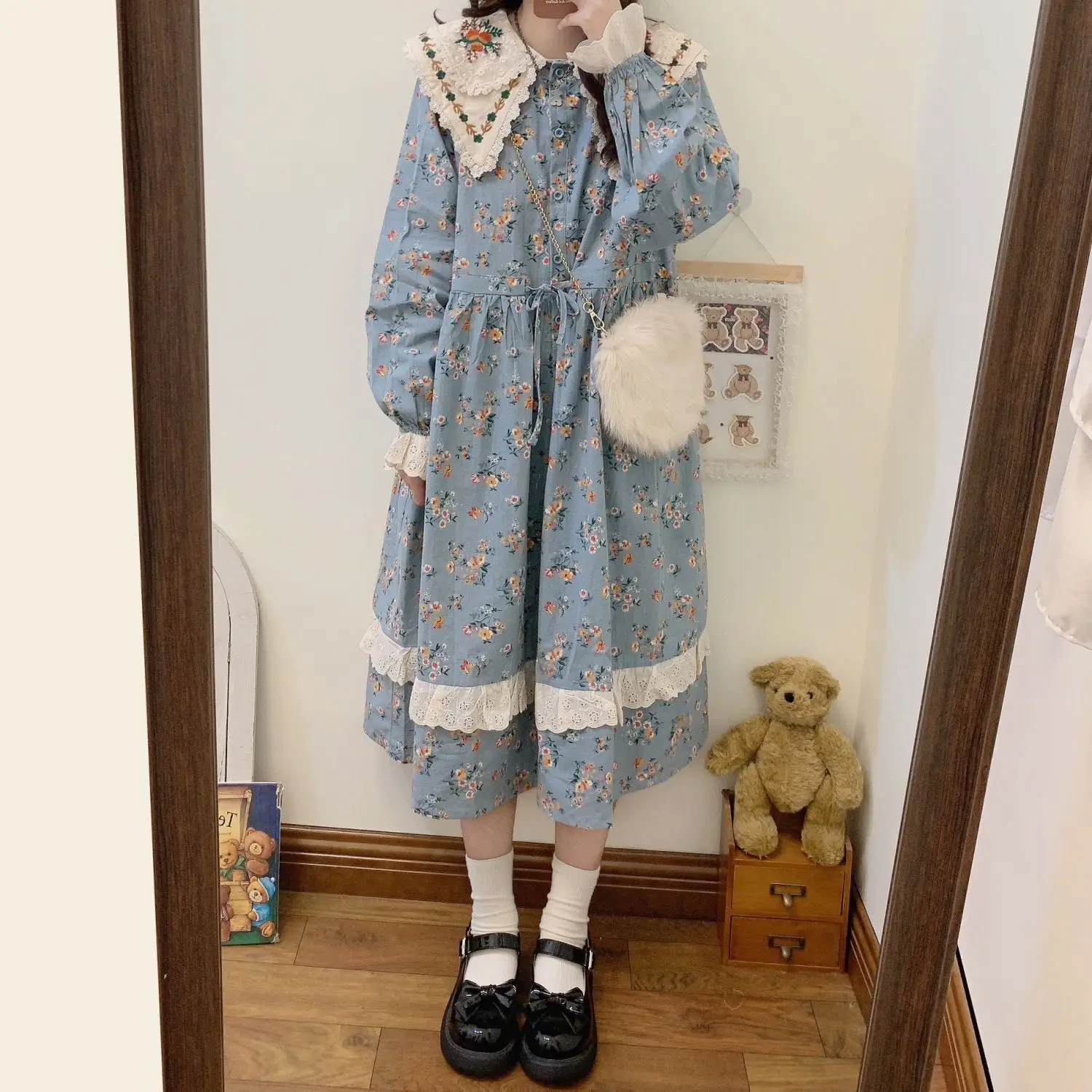 Japanese Mori Girl Art Print Dress Pretty style Cotton Linen Spring Women New Floral Dress Female Loose Long Sleeve Midi Dress