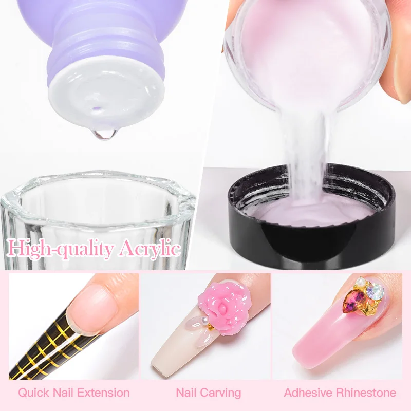 MEET ACROSS 10g Acrylic Powder Set With Acrylic Liquid For French Nail Quick Extension Manicure Tool No Need Lamp Cure