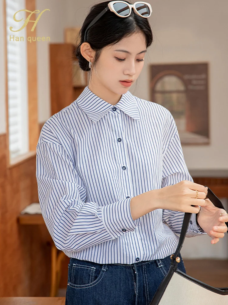 

H Han Queen 2025 Autumn Top Simple Fashion Office Stripes Shirts Casual Korean Chic Chiffon Long Sleeve Blouses Women's Clothing