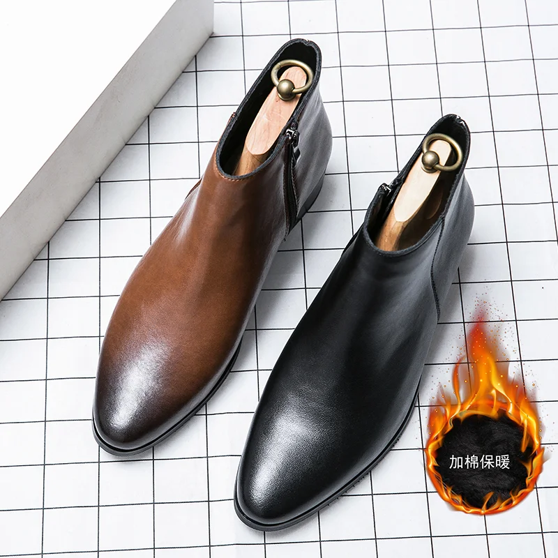 Classic Black Leather Ankle Boots For Men Women British Style Pointed Toe Men's Chelsea Boots Comfortable High Top Dress Shoes - view 2