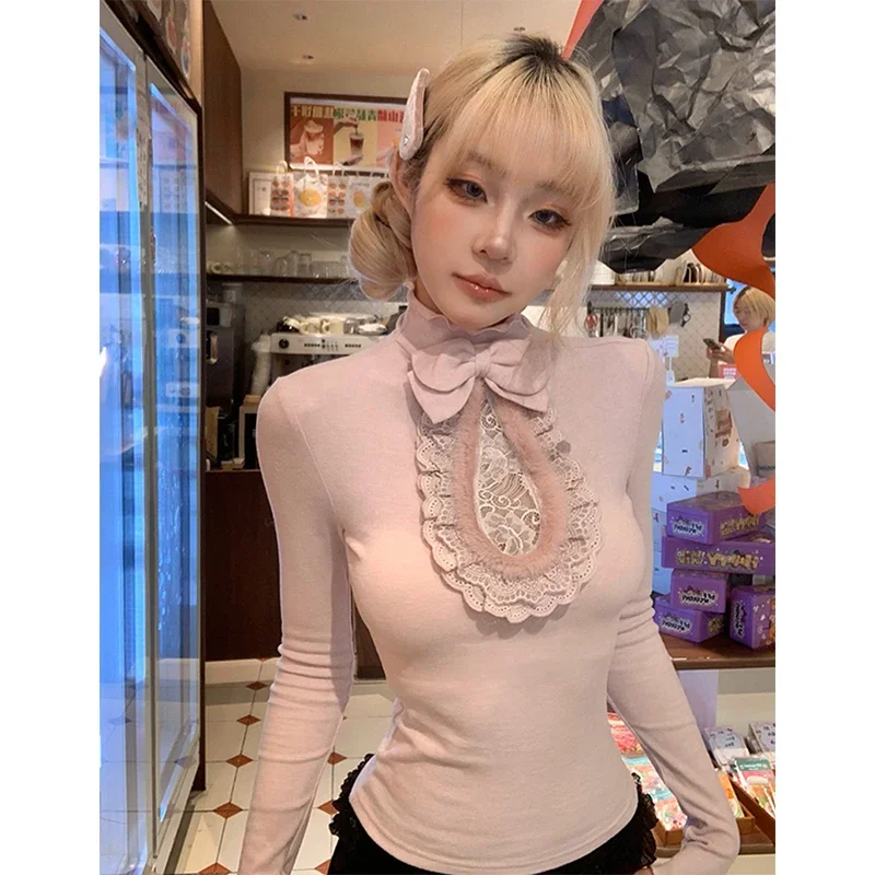 

MEXZT Kawaii Bow футболки женские Y2K Harajuku кружевные лоскутные топы осень Gyaru японские милые эстетические дизайнерские топы с длинными рукавами