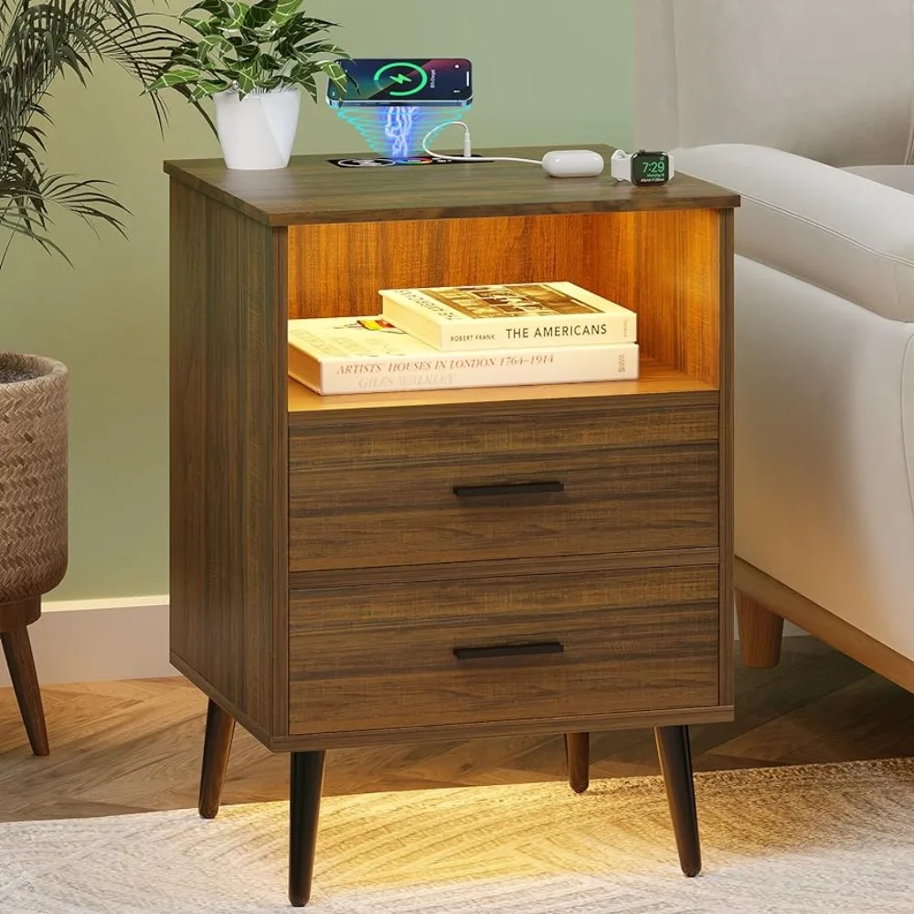 Nightstand with Charging Station, Smart Night Stand with Auto Light, Led Bedside Table with 2 Drawers and Shelf(Brown)